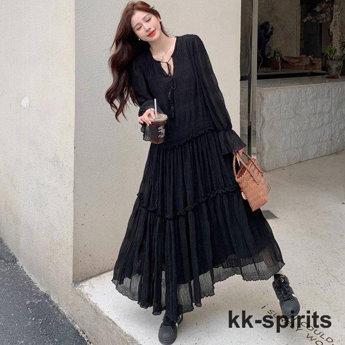 ワンピース レディース Vネック ロングワンピース フレア袖 ワンピース 秋冬 春 長袖 ブラック きれいめ 5,479円