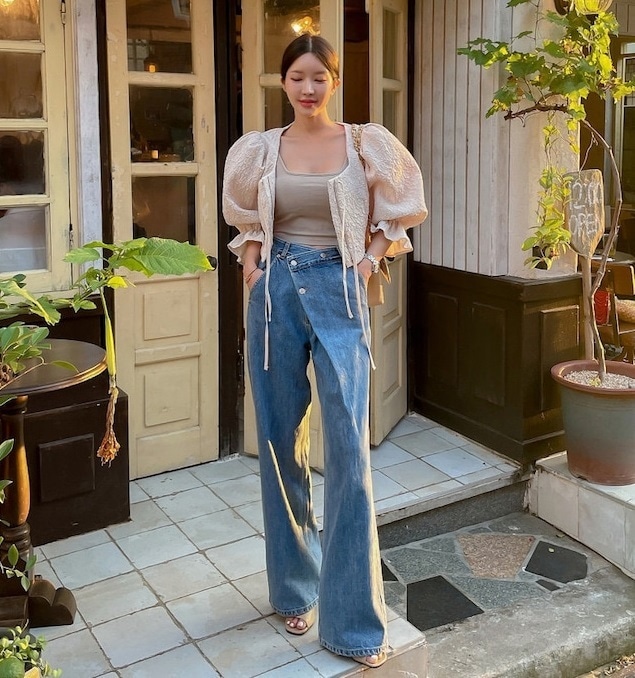 【送料無料】レディース デザインパンツ ブルー デニム ジーンズ ハイウエスト ロング ワイドパンツ 長ズボン 大人可愛い ママコーデ ママファッション 韓国系 オルチャン 人気 トレンド 新作