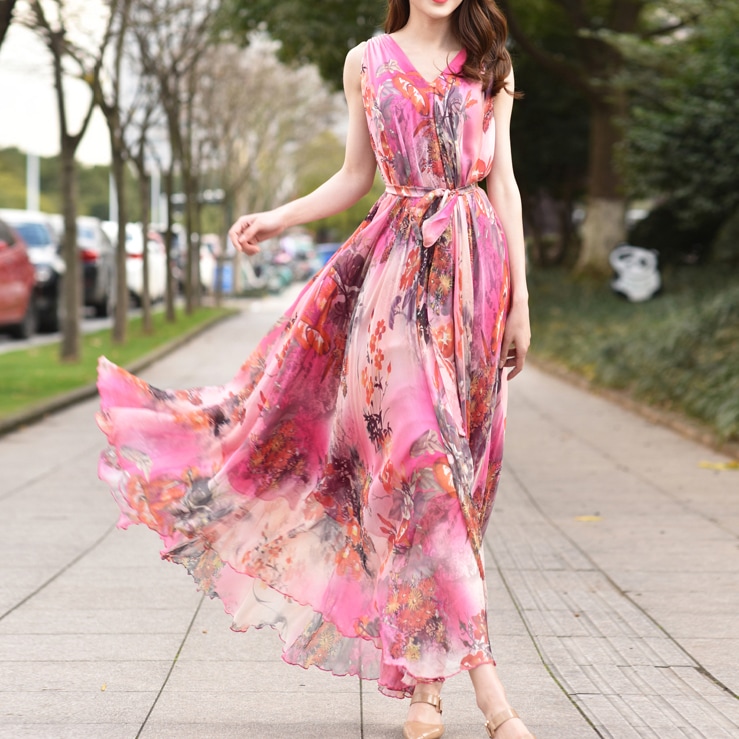 ワンピース ノースリーブワンピ Aライン ロング丈 マキシ丈 Vネック シフォン 花柄 フラワー ボタニカル プリント かわいい 大人可愛い きれいめ カジュアル 大人 上品 おしゃれ