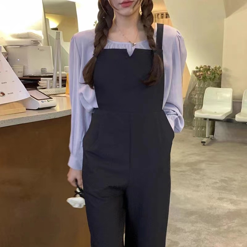 ニューデザイン 2点セット ファッション セット ラウンドネック バックレス 長袖ブラウス シアーシャツ スクエアネック ストレートパンツ ジョガーパンツ ワイドパンツ オーバーオール