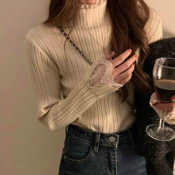 クーポン有レース 刺繍 ハイネック 切り替えデザイン トップス レディース カットソー ニット 個性的 春 秋 ミディアム丈 裾イン 裾レース 長袖 スタンドカラー スリム 細身 ストレート Iライン