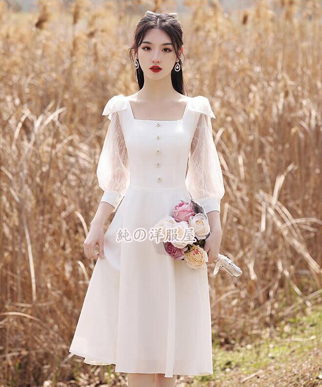 パーティードレス 七分袖レースワンピース 膝丈ドレス 普段着 結婚式 花嫁メイド服 七分袖 ウエディングドレス 可愛い イブニングドレス 二次会 結婚式 お呼ばれ 発表会 演奏会 発表会 フォーマルド