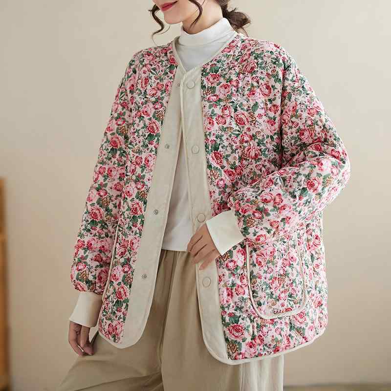 レディース ファッション 服 オシャレ カワイイ シンプル 大人カワイイ 大きいサイズ カラーマッチング 花柄 キルティング 暖かい 綿 コート 東北 花 ジャケット ラウンドネック 長袖 冬