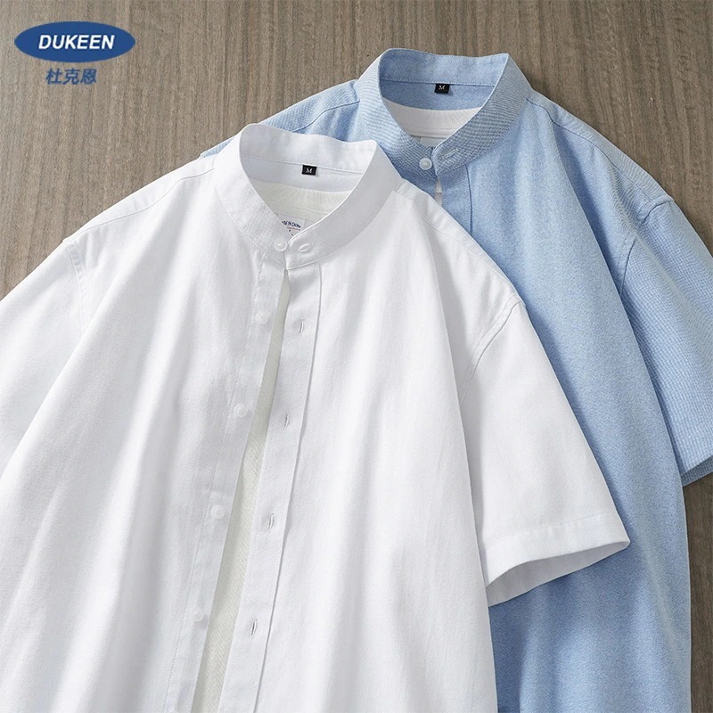 夏用ヘビーウェイトオックスフォードテキスタイルスタンドアップカラー半袖シャツ高級ホワイトインチシャツ男性用ニューチャイナヘンリーカラーシャツ