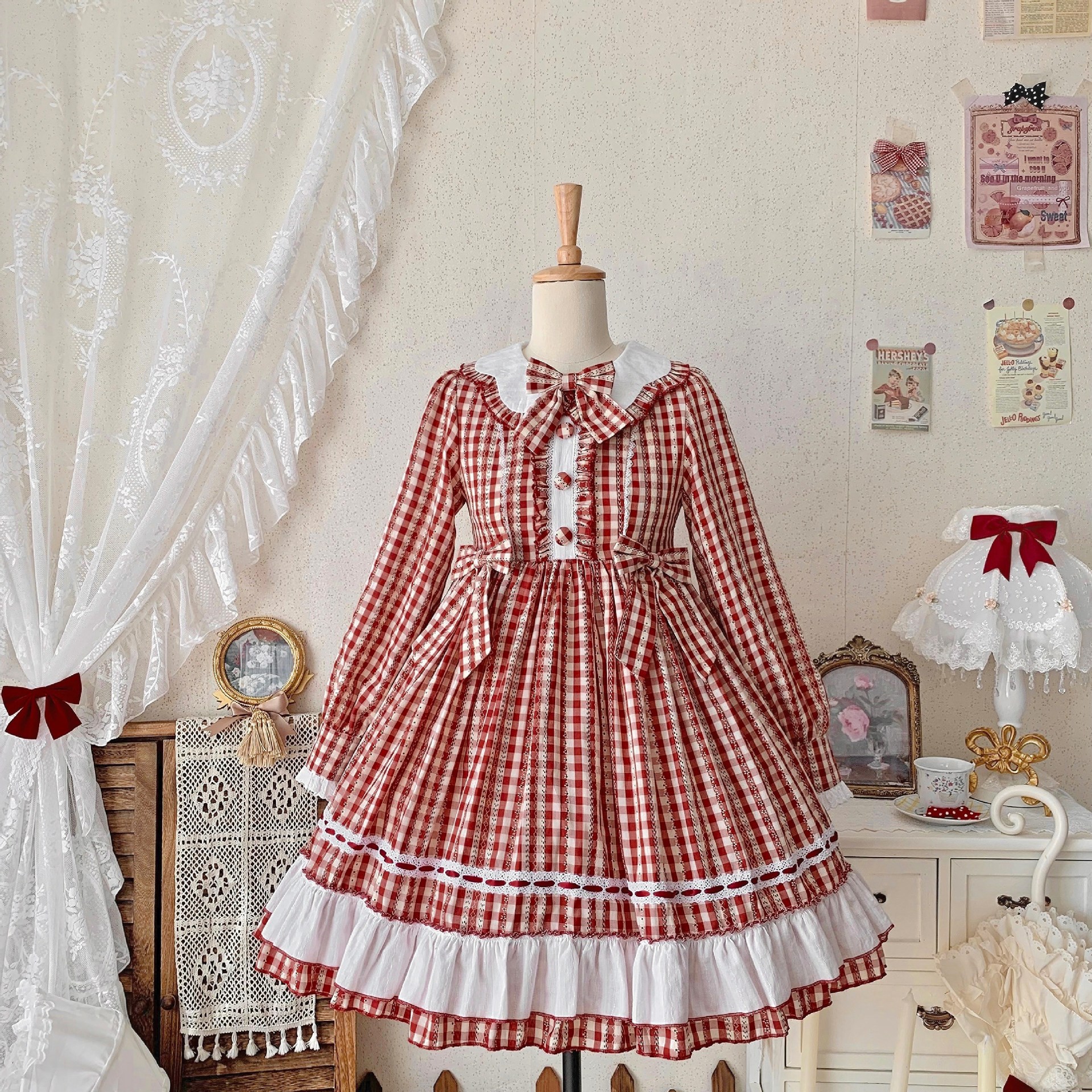 田園風小さくフレッシュなチェックの長袖のワンピース ロリータワンピース