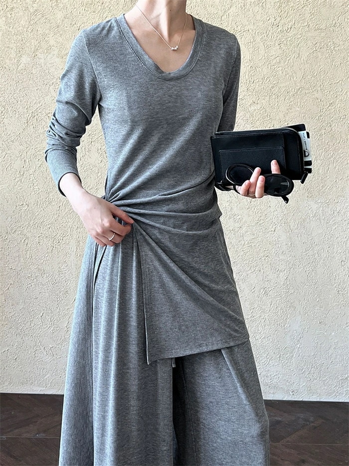 ロングTシャツ ワイドパンツ セットアップ レディース ロング トップス ロングパンツ 2点セット サイドスリットTシャツ 長袖 無地 カジュアルシンプル ワイドパンツ ルームウェア 柔らか カジュア