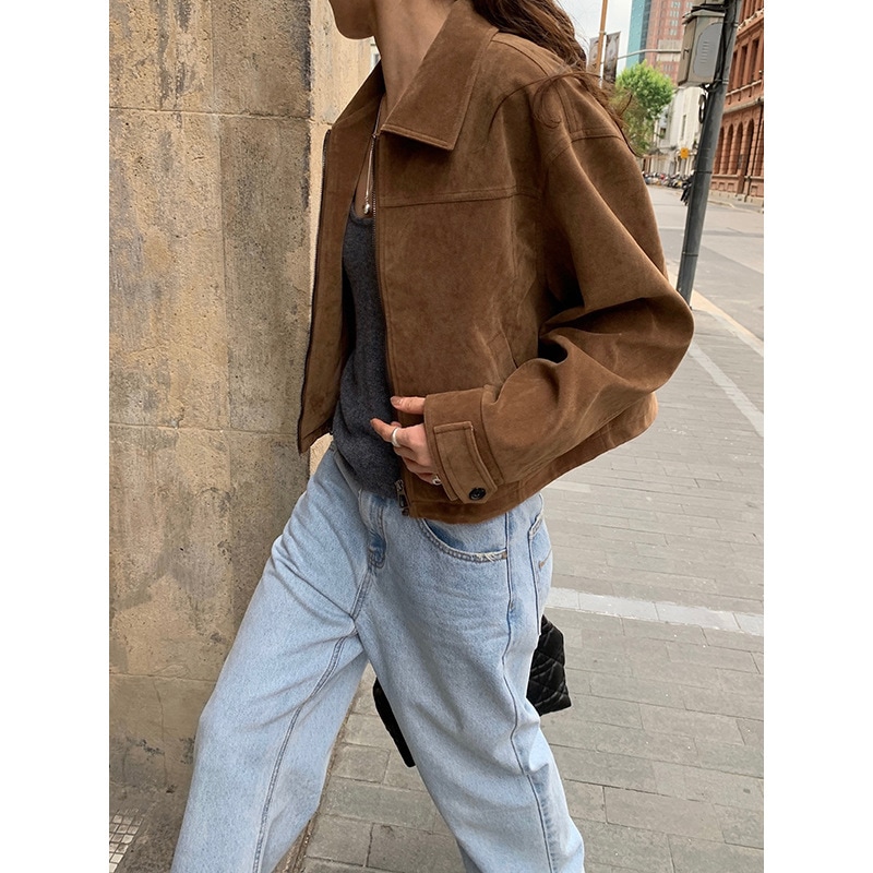 秋レトロスエードジャケット バイクラペルショートジャケット W1195