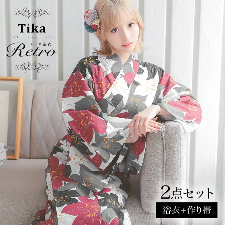 Tika 百合柄モダン大人浴衣2点セット 浴衣 作り帯 レディース浴衣 セクシー浴衣 大柄 レトロモダン フリーサイズ ホワイト×レッド マルチカラー 重川茉弥