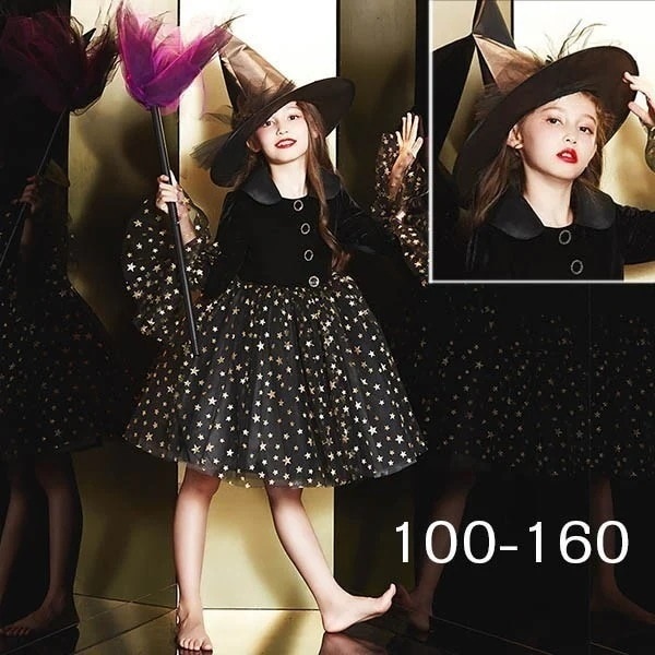コスプレ 衣装 キッズ 子供服 ハロウィン 魔女 ウィッチ 女の子 ワンピース パフスリーブ 長袖 帽子 星柄 キラキラ ミニ丈 アンブレラスリーブ ヴィランズ コスプレ衣装 コスチューム 可愛い パ
