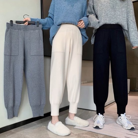 ニットパンツ レディース ジョガーパンツ クロップドパンツ 九分丈 選べる丈 ハイウエスト ウエストゴム 裾絞り ポケット 3color カジュアル スポーティー ルームウエア ニット おしゃれ