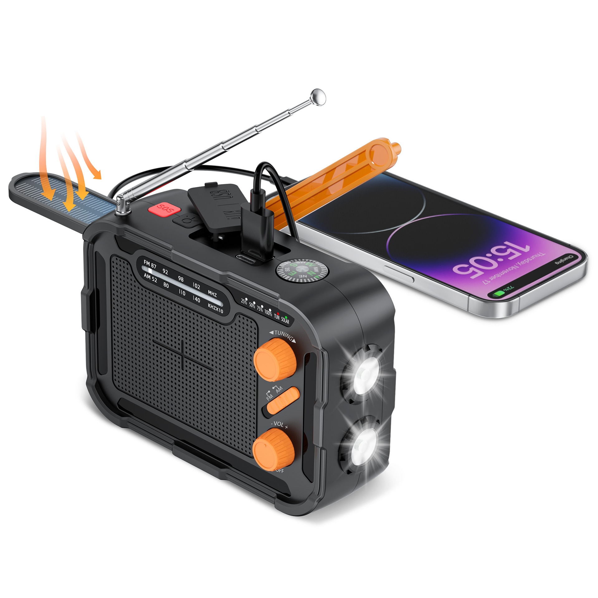 屋外防災非常用多機能非常用モバイル電源5000ミリアンペア手回し発電ラジオ懐中電灯太陽光充電