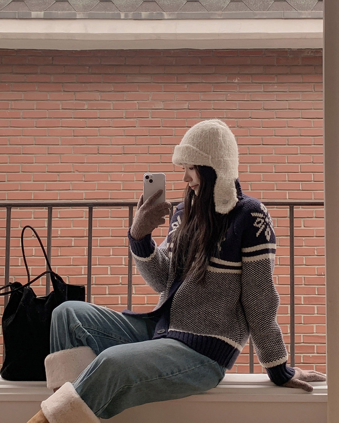 ハイネックノルディック柄カーディガン韓国ファッション レディース