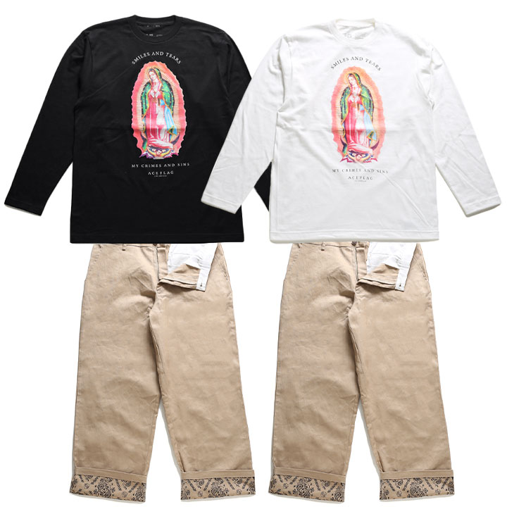 ACE FLAG 上下セット 長袖 ブランド ロンT チノパン ロングパンツ 上下 セットアップ メンズ 春秋冬用 黒/白 大きいサイズ エースフラッグ 聖母