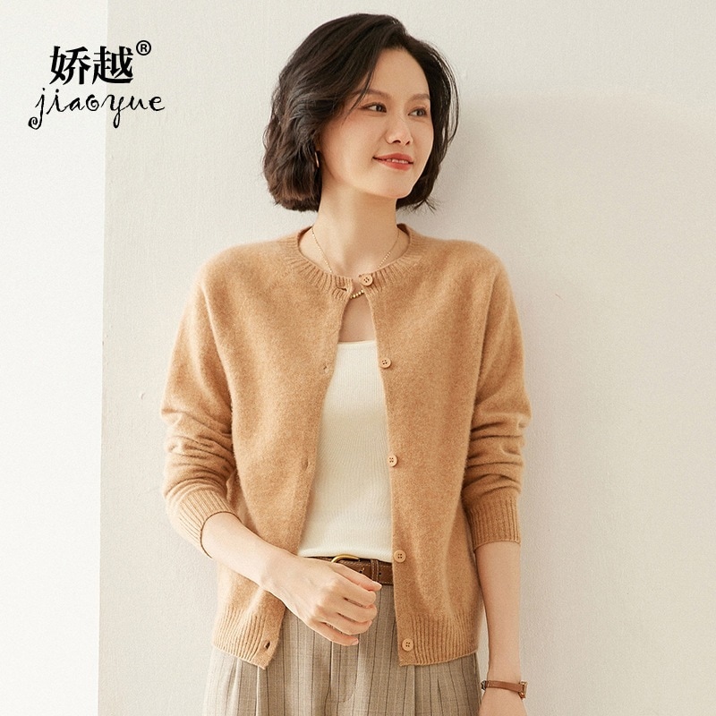 女性用ワンラインラウンドネックフラットカシミヤカーディガンソリッドカラーアウターニットカシミヤカーディガントップ
