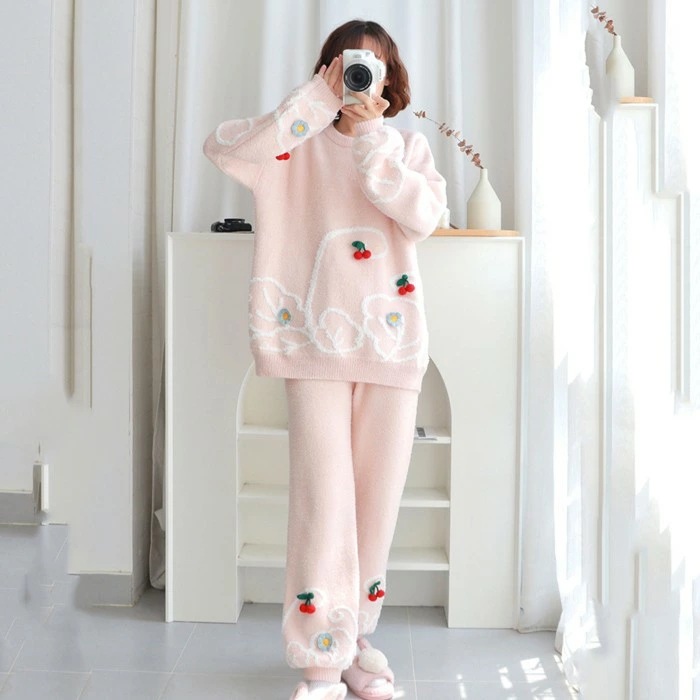 パジャマ チェリー ルームウェア レディース もこもこ 上下セット ナイトウェア 可愛い 長袖 部屋着 秋冬 セットアップ おうち時間 ロングパンツ 韓国ファッション 大人 ゆったり 暖かい ズボン付