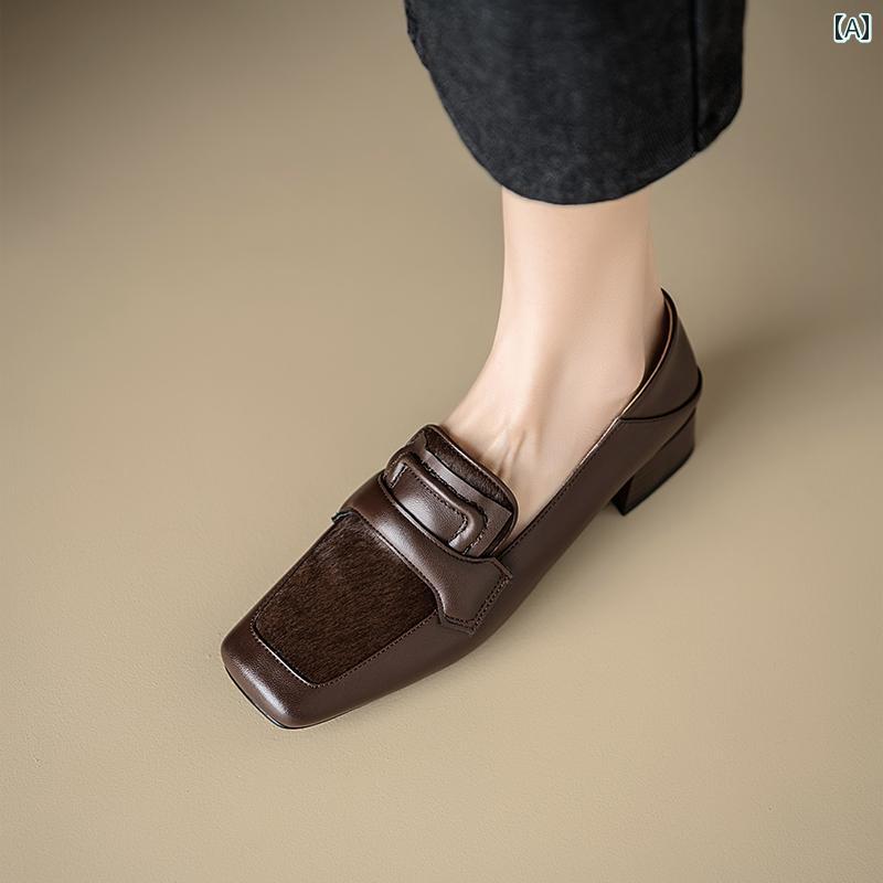 ローファー レディース オフィス 通勤 仕事 春秋 スクエアトゥ シープスキン 女性 英国 スタイル ミディアム ヒール 太い ヒール 馬 毛 深口 シングル シューズ 女性 ソフト ソール 7,558円