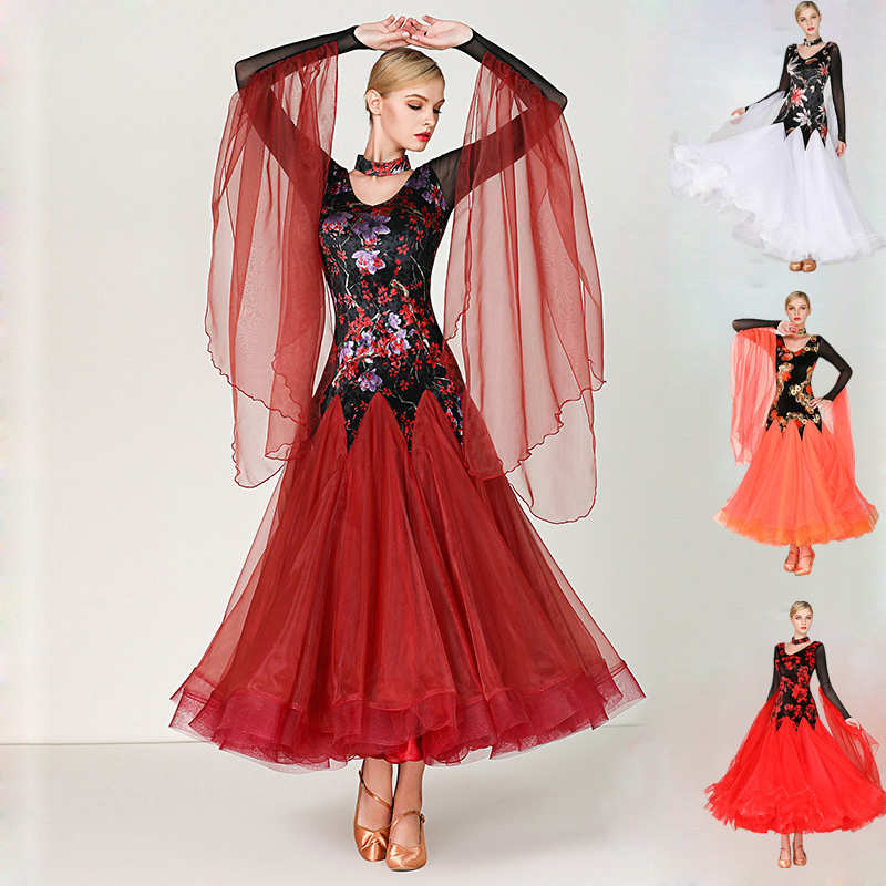 【激安開催】社交ダンス 衣装 モダンドレス 大きい裾 長袖 豪華 ワンピース ダンス 発表会 競技着 練習着 演出 スタンダードワルツダンス オレンジ 白 ワインレッド 赤 ダンスウエア ダンス発表会 9,426円