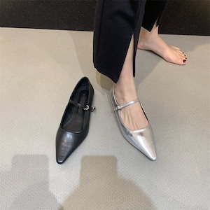 シルバーの尖った一文字バックルメアリージェン靴女2022秋モデル靴気質浅口ローヒール靴