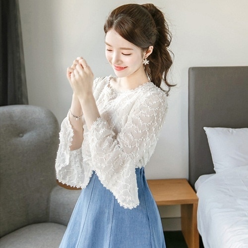 2046.フレアスリーブレーストップス(ホワイト)