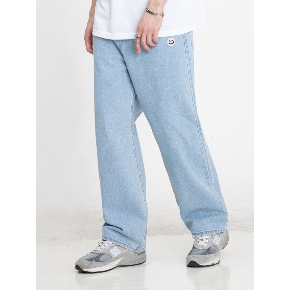 GRAVER 図面スマイル刺繍ワイドデニムパンツスカイブルー