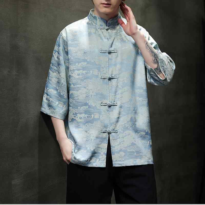 チャイナ シャツ メンズ 中華風 夏 カジュアル トップス 7分袖 韓服 スタンドカラー プレートボタン プリント ブルーグリーンブラウン