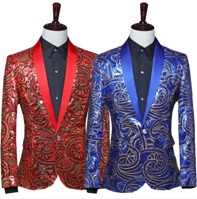 限定値下げスパンコールジャケット　メンズコスプレスーツ　花柄総柄カラースーツ　キラキラステージ衣装　男性燕尾服スパンコールタキシード　結婚式パーティーイベント新年会演出服　赤　青