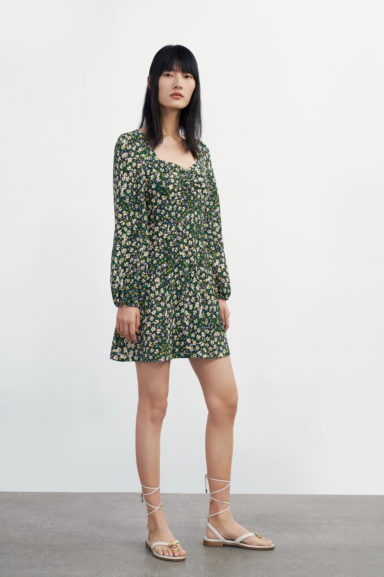 春 夏 女性 レディース レトロ タイル 花 Vネック ドレス ダークグリーン ダークブラウン XS S M L XL ワンピース 袖あり 長袖 かわいい 大人可愛い きれいめ シンプル カジュアル