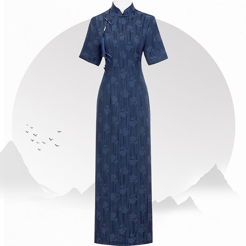 チャイナドレス レディース ワンピース レトロ 中華 若々しい 女の子 ジャカード 日常着用可能 ブルー