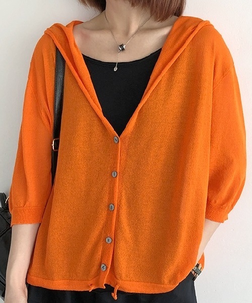 レディース トップス カーディガン パーカー アウター 前開き ミドル丈 7分袖 Vネック 襟なし フード ウエストリボン 前開き 透け感 フード 薄手 リネン シンプル カジュアル ラフ ガーリー