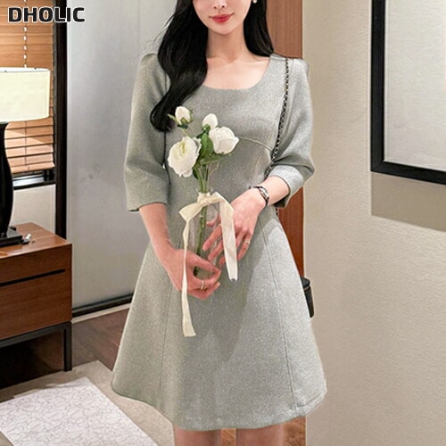 ツイードミニスクエアネックミディスリムジップアップワンピース・1955971