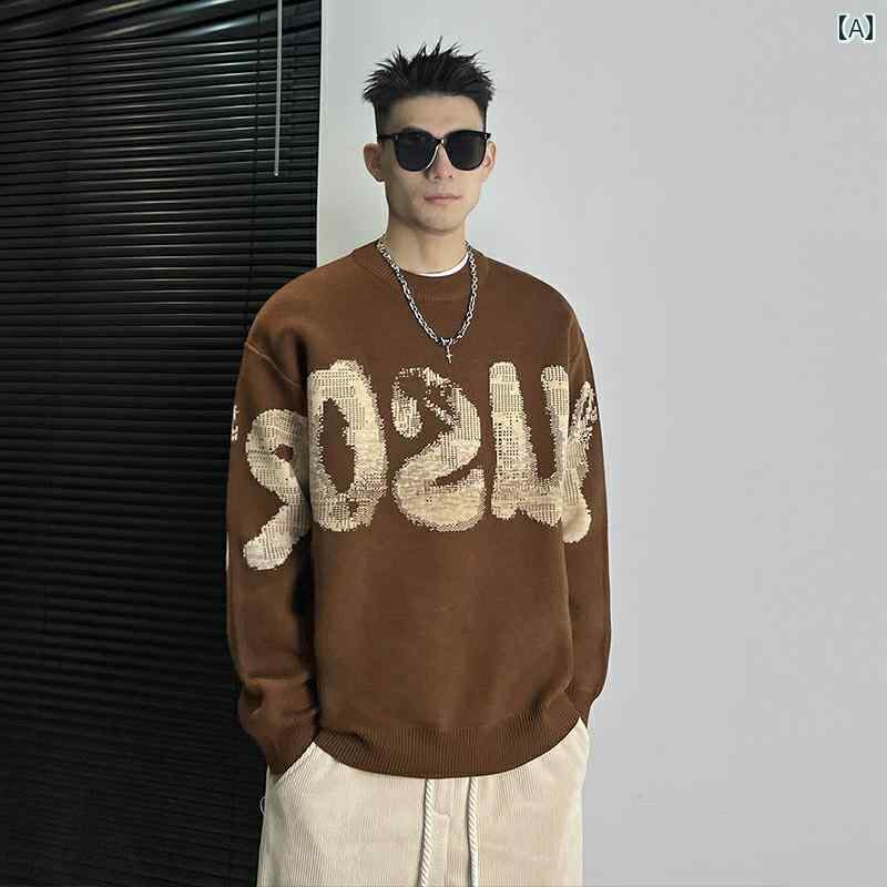 セーター メンズ ニット トップス 冬 暖かい ファッション 秋冬 ラウンドネック レター プリント アメリカン トレンド カジュアル シンプル