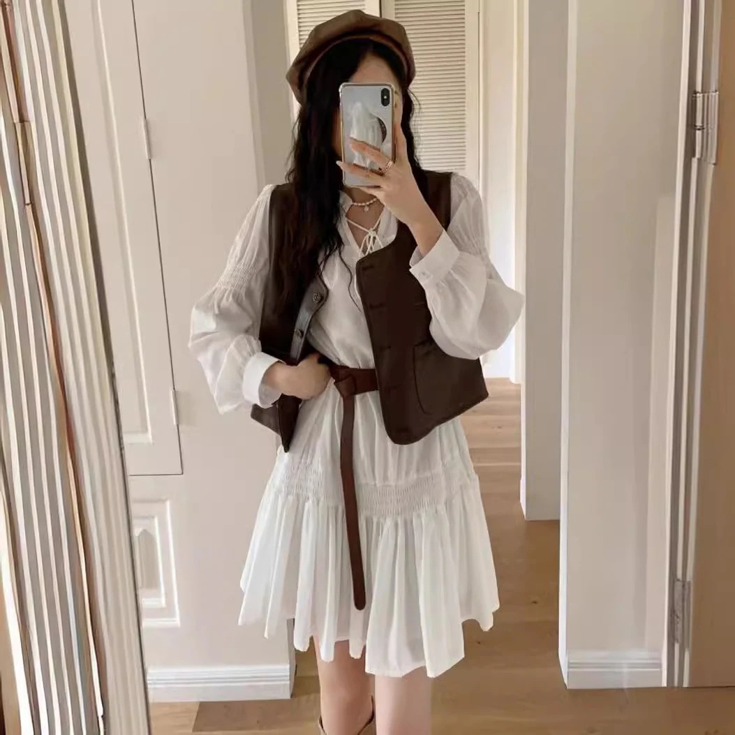 【妃】2024 Tiktok話題 チュニックワンピース 人気 ロングブラウス ベルト付き +ベスト ワンピース メガ割30%までに制限