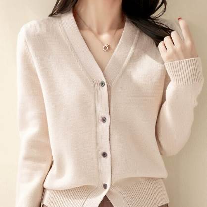 トップス カーディガン 袖付き 長袖 襟なし Vネック 前開き ニット かわいい 大人可愛い きれいめ