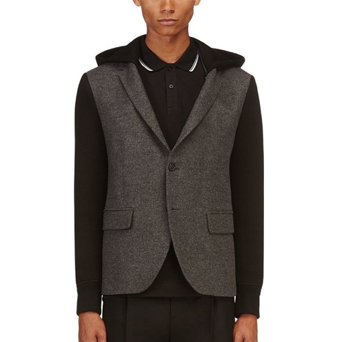 Grey Wool And Neoprene Hooded Blazer
