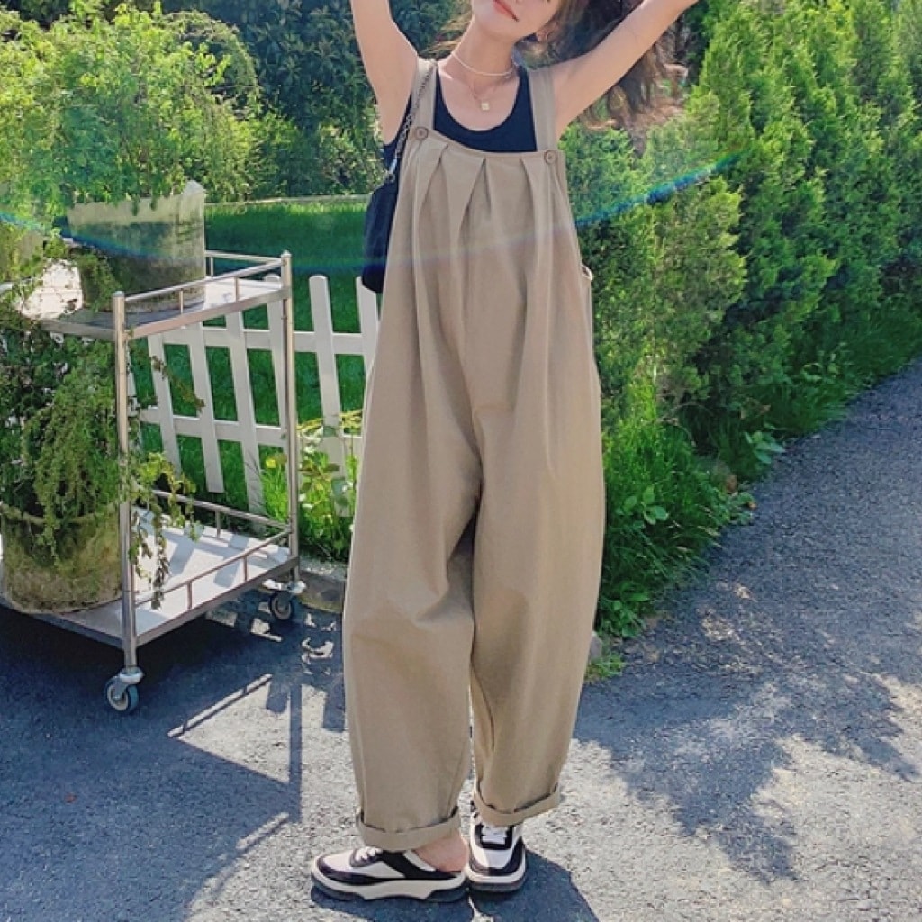 レディース パンツ ボトムス つなぎ オーバーオール ロング 袖なし ノースリーブ オーバーサイズ タック ポケット シンプル カジュアル おしゃれ かっこいい こなれ感 ラフ スポーティー ルーズ