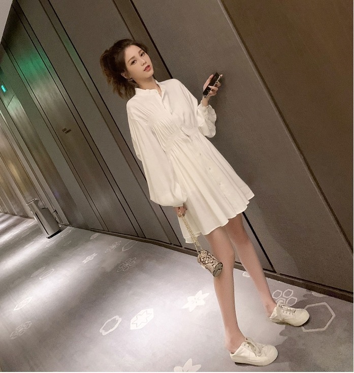 ミニ丈シャツワンピース ボリューム袖トップス カジュアルシャツワンピース スカート ワンピース シャツ オールインワン 白シャツ 白トップス ミニスカート フレアスカート シャツワンピース ミニ