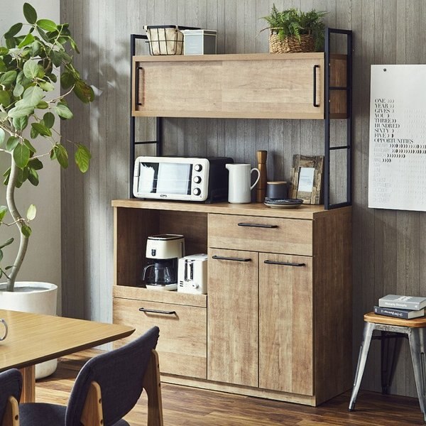 食器棚 上部引戸タイプ 幅120 レンジ台 アンティーク風 古木柄 カップボード アイアンフレーム