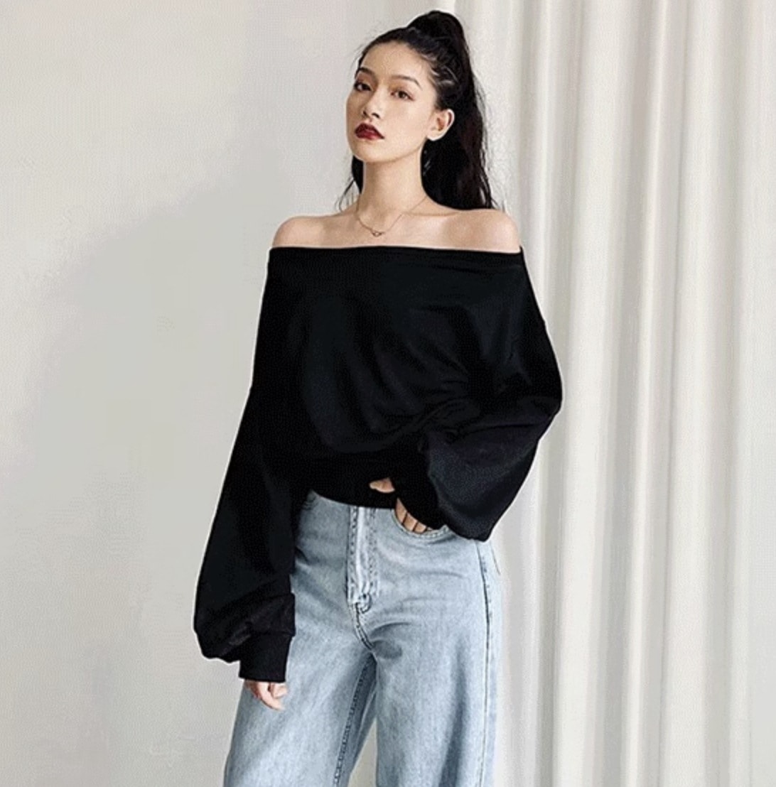 トップス プルオーバー トレーナー ショート ショート丈 袖あり 長袖 ボリューム袖 ドルマンスリーブ パフスリーブ ラウンドネック ストレート かわいい シンプル カジュアル おしゃれ お洒落