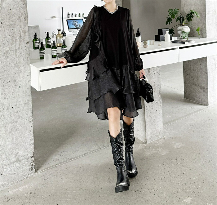 【即納】ワンピース 切り替えワンピース レディース 異素材切り替え 長袖 ロングワンピース ロング丈 ティアードワンピース クルーネック ティアード フレア Aライン きれいめ 高級感 異素材 透け感 5,284円