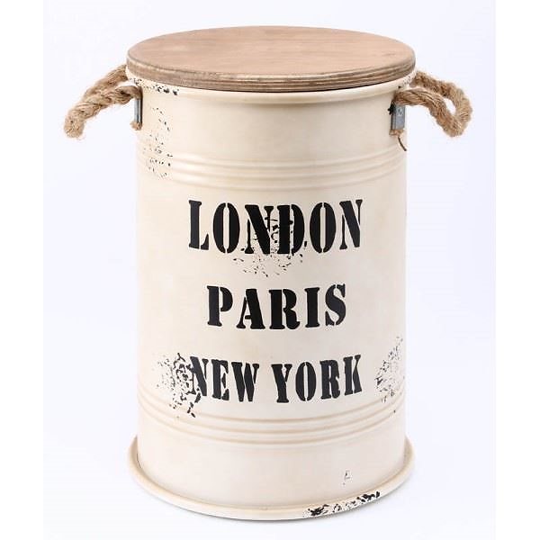 ビンテージ風 ブリキスツール/収納ボックス アイボリー 直径27cm高さ41cm スチール製 天然木座面 インテリア家具 什器