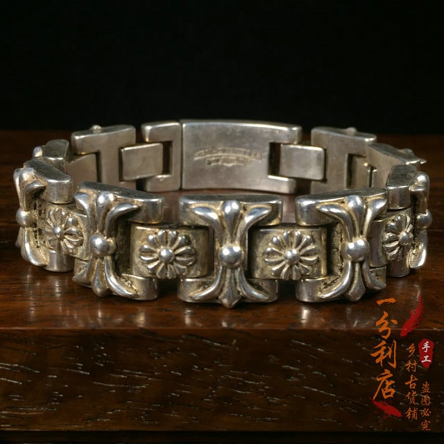 アンティークコレクション古い銀細工職人の手模様の古いチェーンブレスレットブレスレット