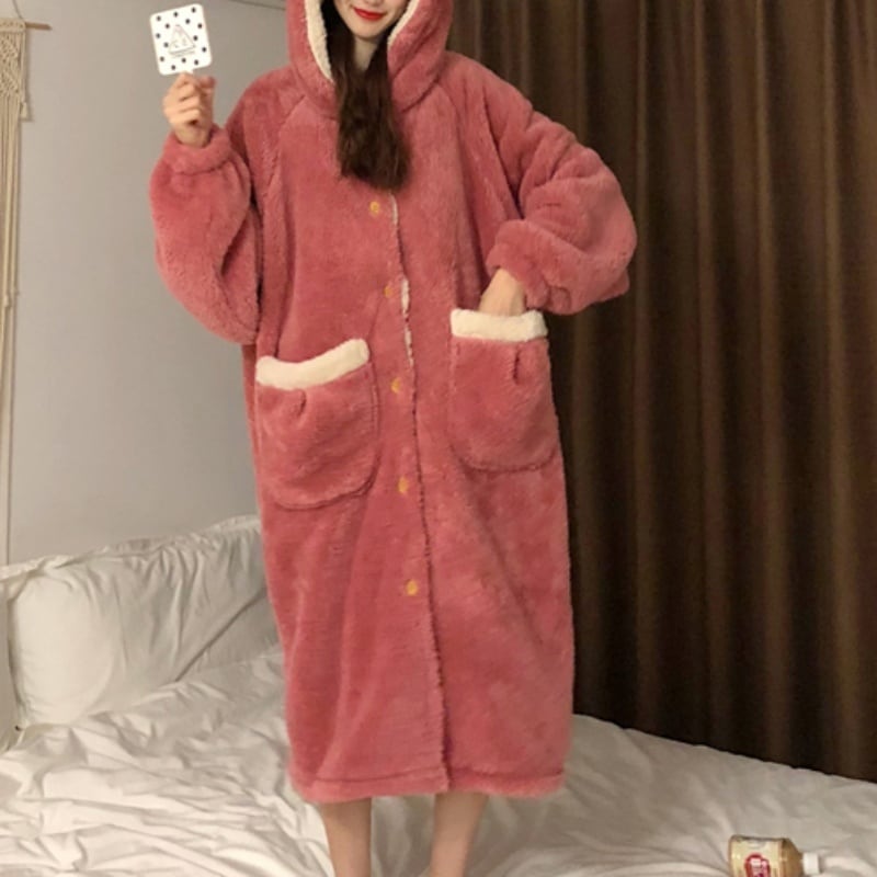 ナイトガウン ガウン アニマル フード付き 耳付き ビッグポケット ルームウェア おうち時間