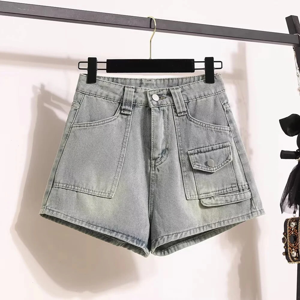 洋ナシ型の体型に適したレディースデニムショートパンツ2025年夏の新作スタイルプラスサイズハイウエストスリミングAラインストレートレッグワイドレッグホットパンツ