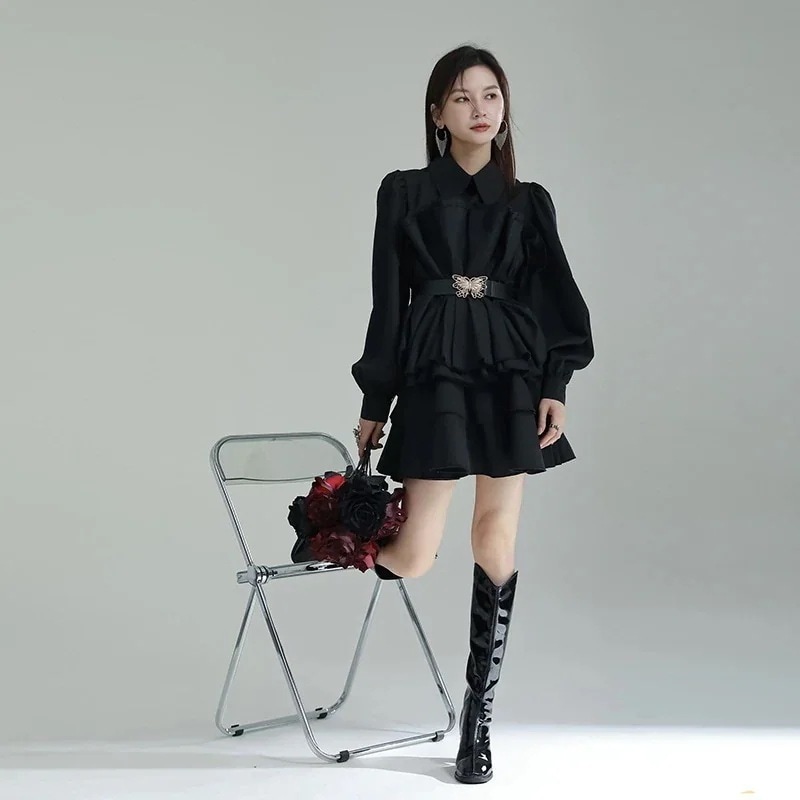 【J.Fashion】 春 Aライン ショートワンピース 蝶ベルト付き フリル ケーキスカート プリーツ レディースワンピース 体型カバー 日焼け止め オールインワン メガ割