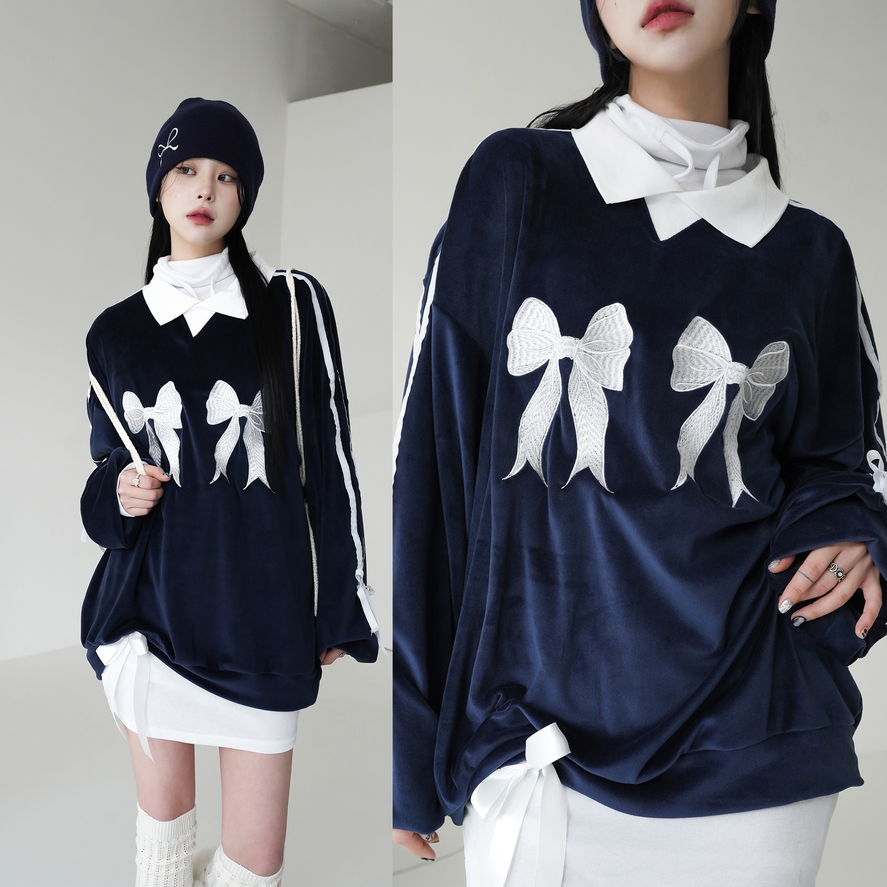 [Binary01] [人気韓国ファッション]ツインズリボンマンツーマン2色