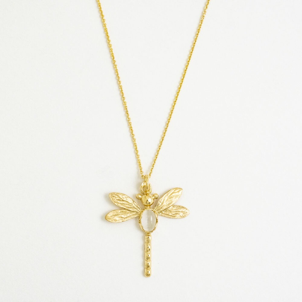 MESH ドラゴンフライ＆ストーンペンダント【ホワイト】43cm シルバー925 18Kゴールドコート Gold Necklace ギフトBOX入り ジュエリークロス付き ハン