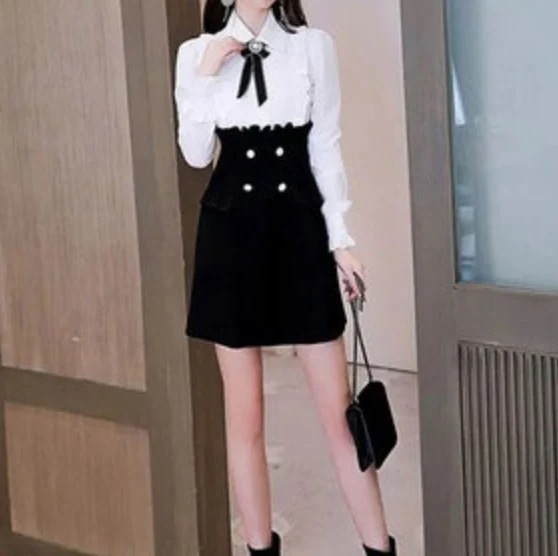 ワンピース デート かわいい 大人可愛い きれいめ シンプル カジュアル 大人 上品 おしゃれ ミニ丈 異素材ミックス 長袖 フリル シャツ リボン ハイウエスト 2XL 韓国　ガーリー コーデ 春