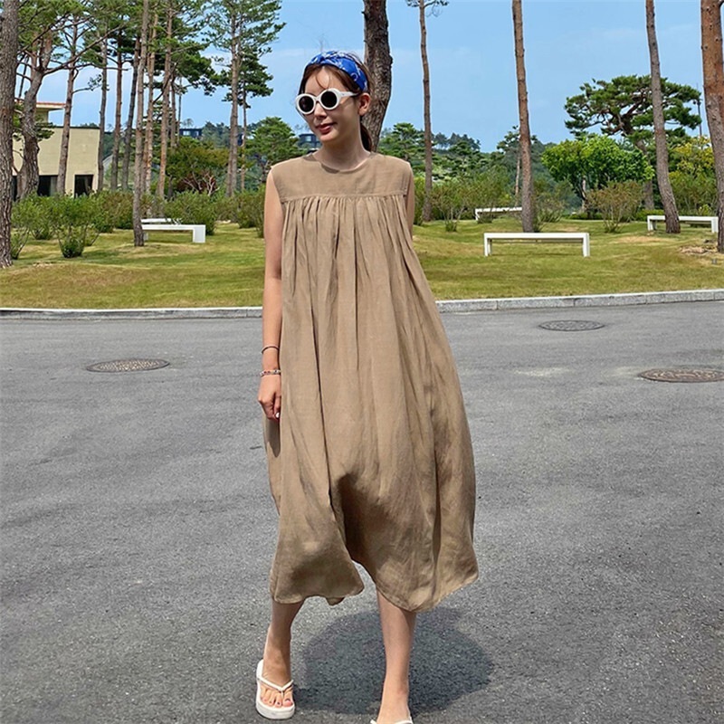 ワンピース ロング ロング丈 袖なし ノースリーブ Uネック 襟なし ノーカラー ワイド Aライン ギャザー 切り替えデザイン 透け感 綿 コットン 麻 リネン 薄手 きれいめ シンプル カジュアル