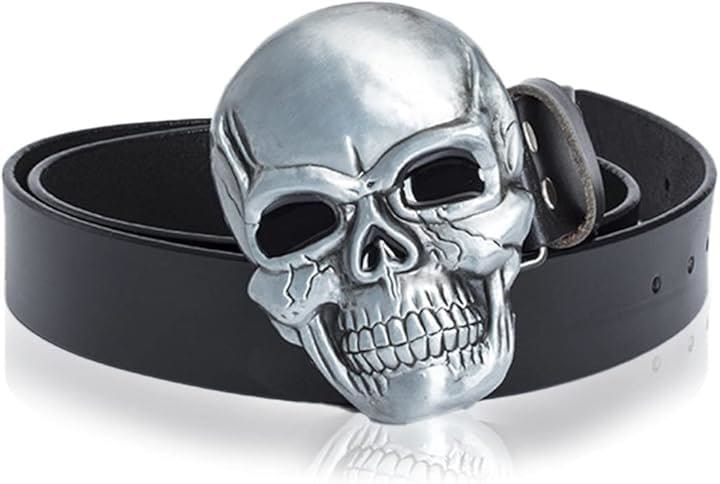 ビッグ スカルバックル レザー ベルト メンズ ドクロ メタルバックル パンク ロック バイカー (1.ブラック, 120)