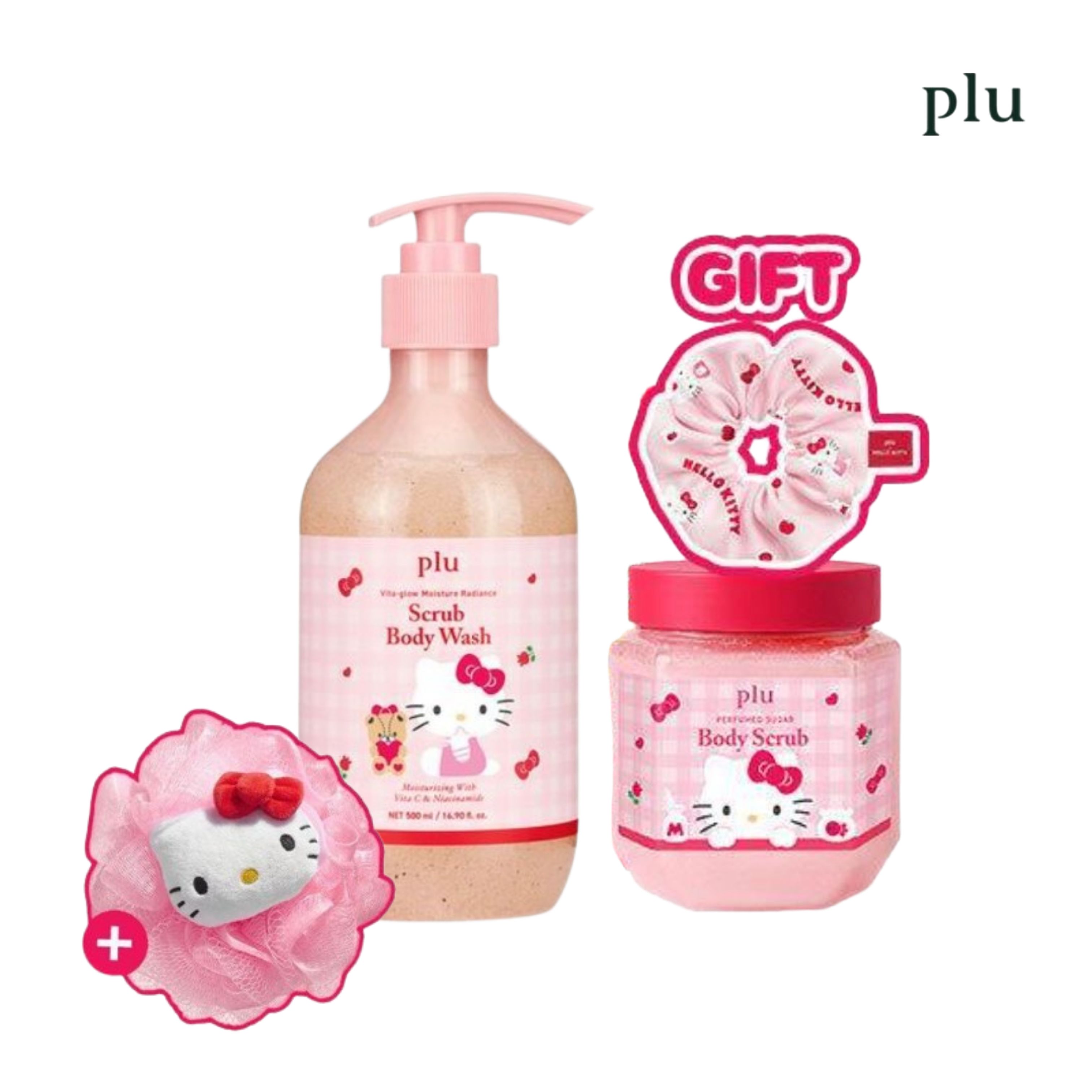 [HELLO KITTY 限定企画 セット] ビタグロー 水分光彩 スクラブ ボディーウォッシュメルローズ500ml+パフューム ドバディスクラブ メルローズ 510g
